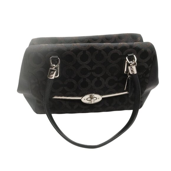 Coach Black Signature Jacquard & Leather Handbag With Silver-Tone Hardware & Tur - Picture 1 of 10